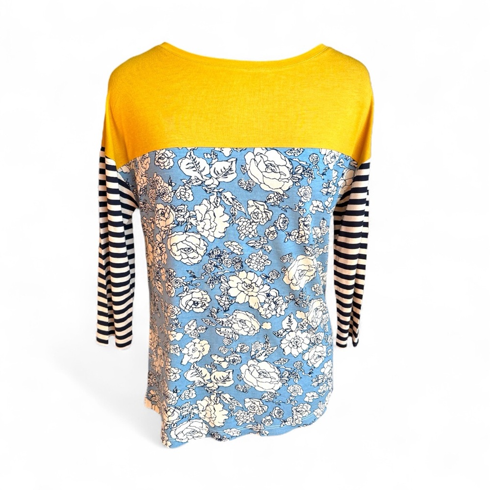 NWOT Colorblock Floral and Striped Long Sleeve Top - Mustard and Blue - Picture 1 of 8
